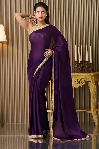 Purple embellished sequinned satin saree