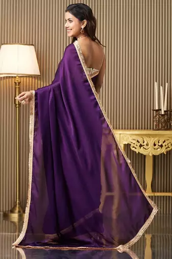 Purple embellished sequinned satin saree