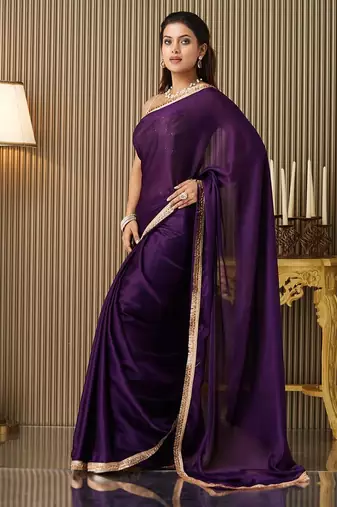 Purple embellished sequinned satin saree