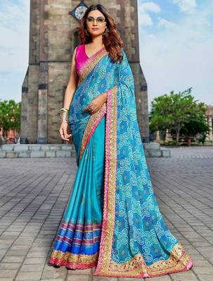 blue gotta patti pure georgette bandhani saree 1