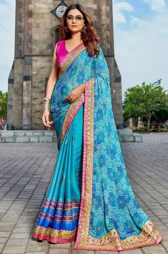 blue gotta patti pure georgette bandhani saree