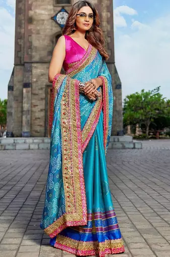 blue gotta patti pure georgette bandhani saree