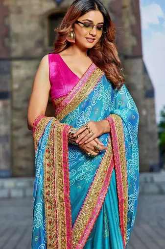 blue gotta patti pure georgette bandhani saree