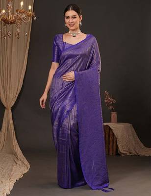 Purple ethnic motifs zari silk blend kanjeevaram saree 1
