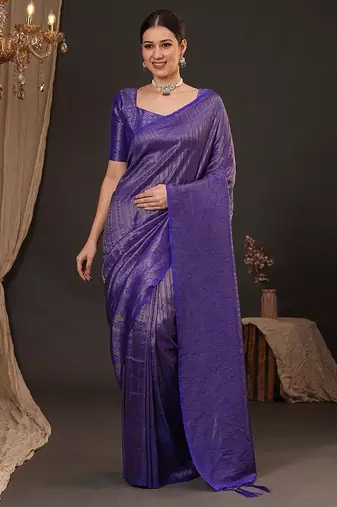 Purple ethnic motifs zari silk blend kanjeevaram saree