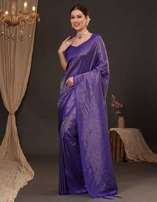 Purple ethnic motifs zari silk blend kanjeevaram saree 2