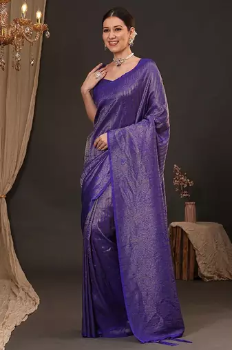 Purple ethnic motifs zari silk blend kanjeevaram saree