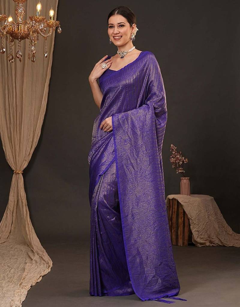 Purple ethnic motifs zari silk blend kanjeevaram saree