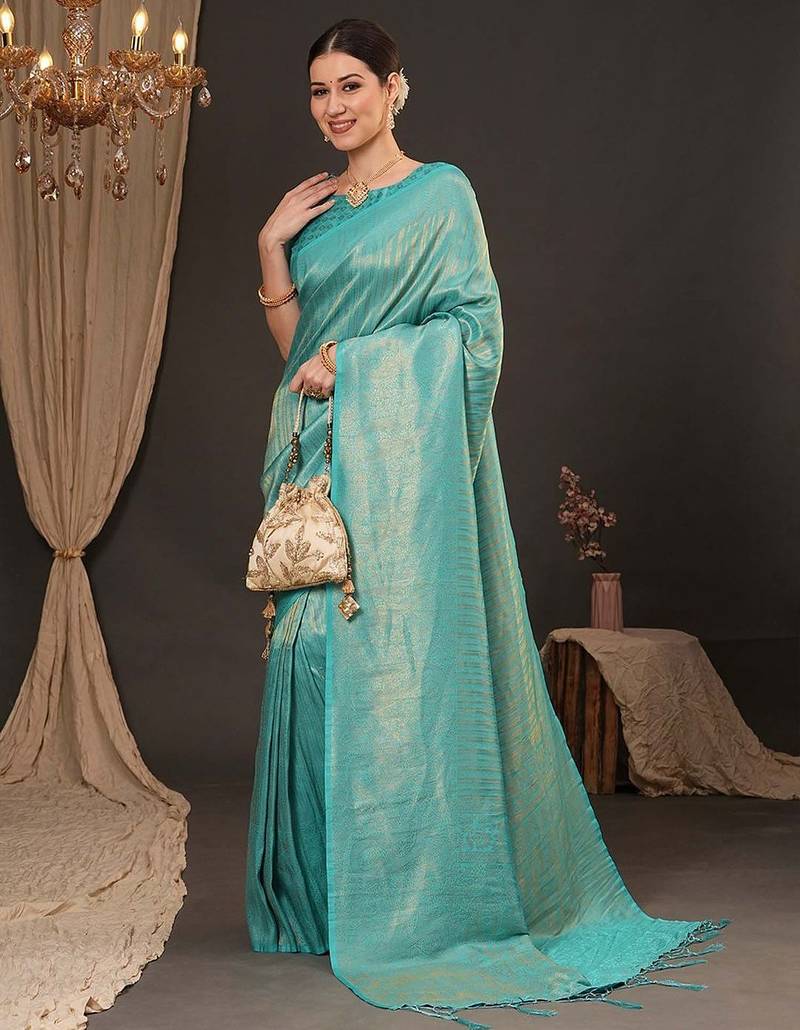 Blue woven design zari silk blend kanjeevaram saree