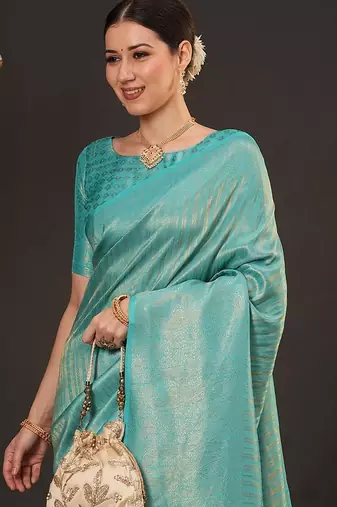 Blue woven design zari silk blend kanjeevaram saree