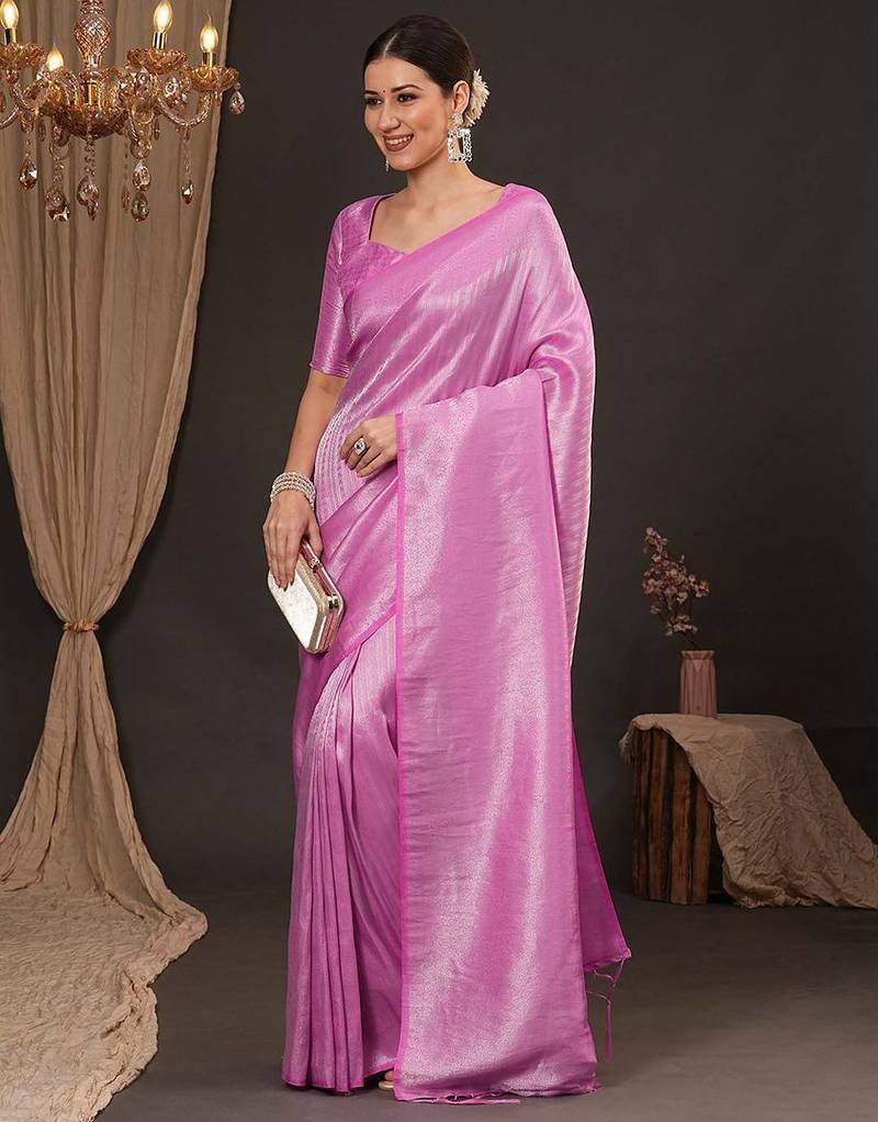 Pink woven design zari silk blend kanjeevaram saree