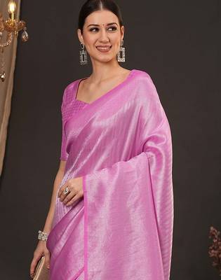 Pink woven design zari silk blend kanjeevaram saree 3