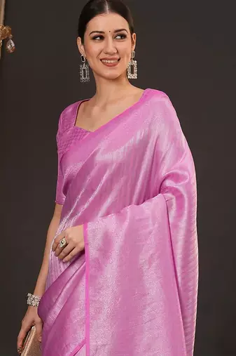 Pink woven design zari silk blend kanjeevaram saree