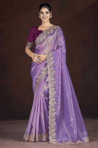 Lavender floral embroidered silk blend saree