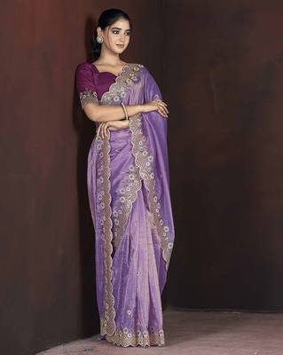 Lavender floral embroidered silk blend saree 2