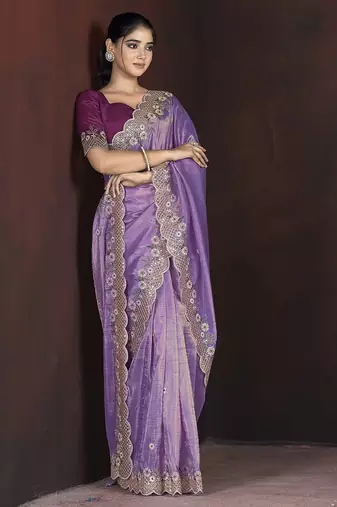 Lavender floral embroidered silk blend saree