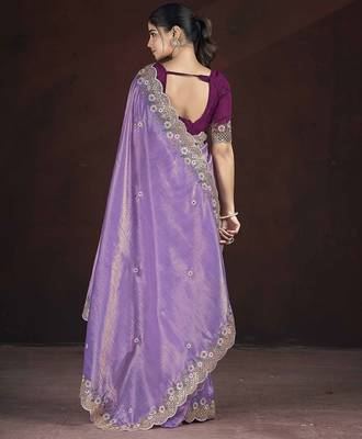 Lavender floral embroidered silk blend saree 3