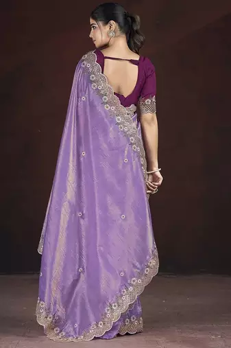 Lavender floral embroidered silk blend saree