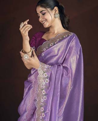 Lavender floral embroidered silk blend saree 4