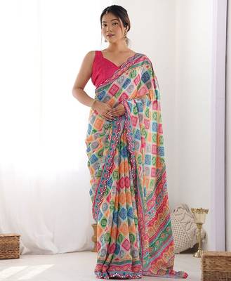 pink bandhani mirror work pure chiffon bandhani saree 1