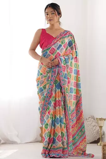 pink bandhani mirror work pure chiffon bandhani saree
