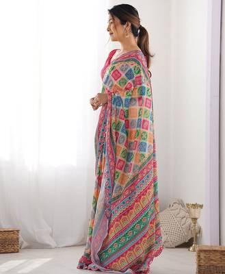 pink bandhani mirror work pure chiffon bandhani saree 2