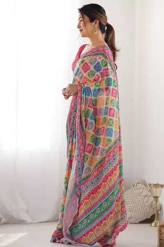 pink bandhani mirror work pure chiffon bandhani saree