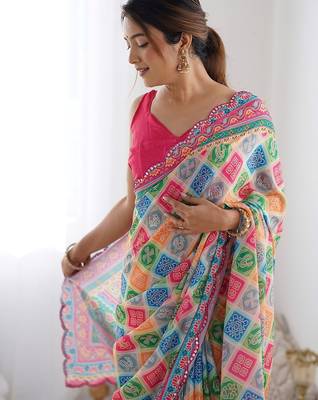 pink bandhani mirror work pure chiffon bandhani saree 3