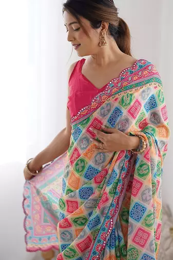 pink bandhani mirror work pure chiffon bandhani saree