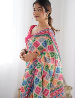 pink bandhani mirror work pure chiffon bandhani saree 4