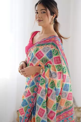 pink bandhani mirror work pure chiffon bandhani saree