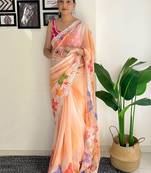 Orange floral sequinned embroidery  saree