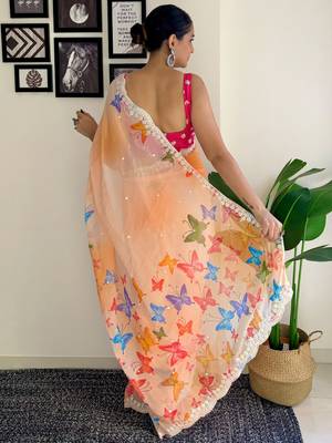 Orange floral sequinned embroidery  saree 2