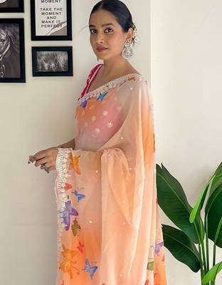 Orange floral sequinned embroidery  saree 3