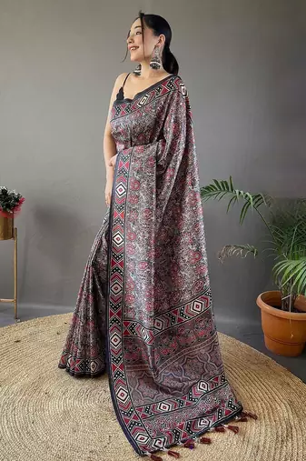 black ethnic motifs printed saree