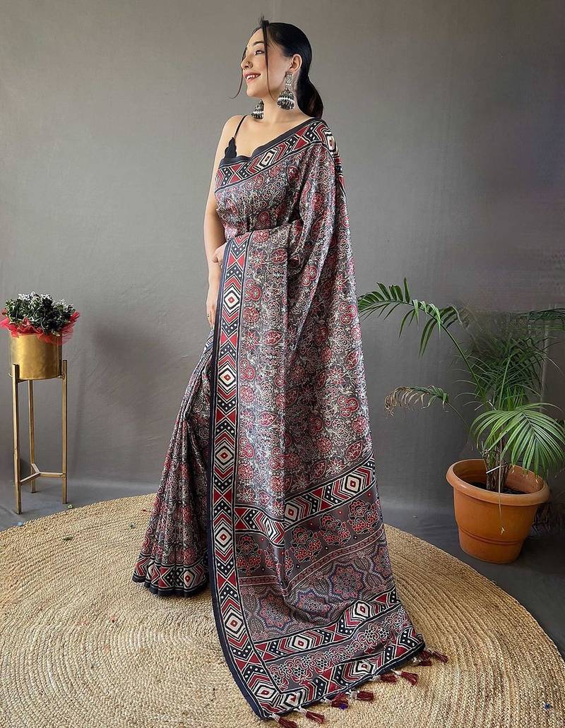 black ethnic motifs printed saree
