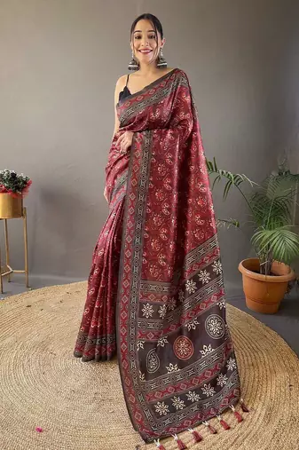 Red ethnic motifs printed saree