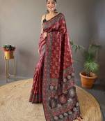 Red ethnic motifs printed saree