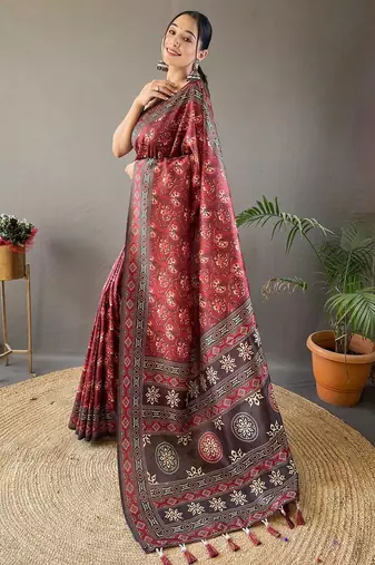 Red ethnic motifs printed saree