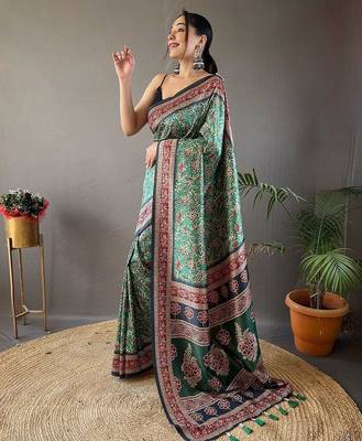 green kalamkari saree with blouse piece 2