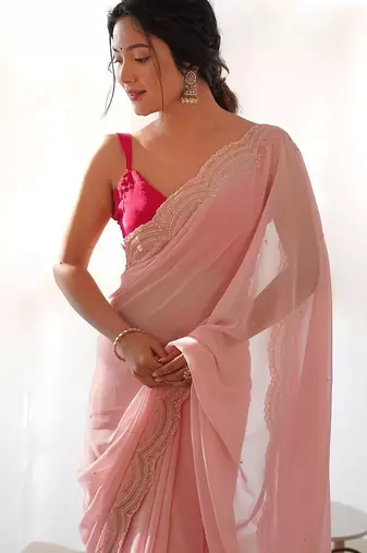 Pink pink embellished pure georgette saree