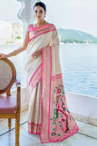 White ethnic motifs woven design zari kanjeevaram saree