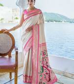 White ethnic motifs woven design zari kanjeevaram saree