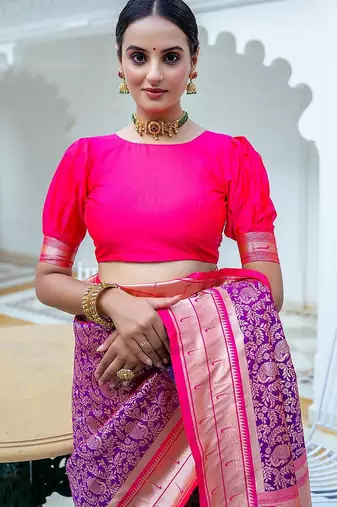 purple ethnic woven design zari kanjeevaram saree