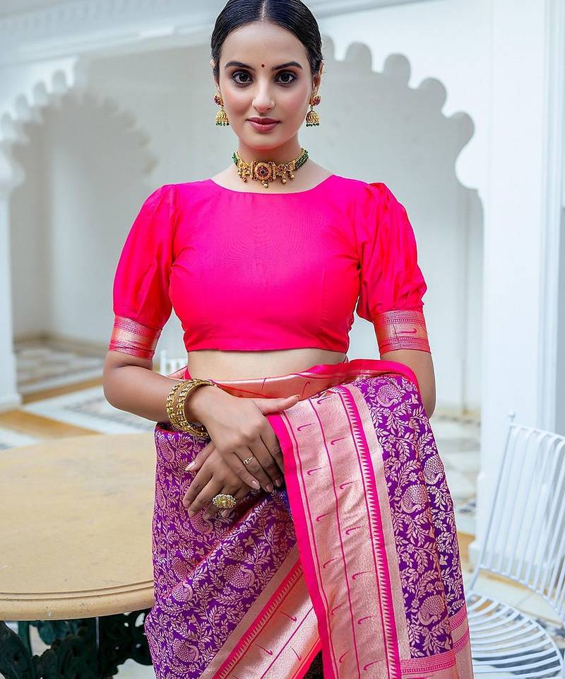 purple ethnic woven design zari kanjeevaram saree