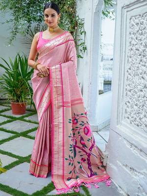 Pink ethnic motifs woven design zari kanjeevaram saree 1