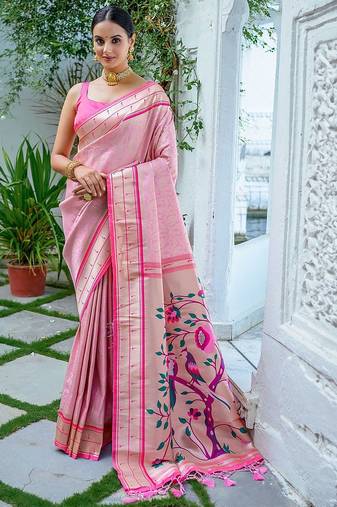 Pink ethnic motifs woven design zari kanjeevaram saree