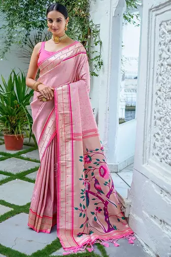 Pink ethnic motifs woven design zari kanjeevaram saree