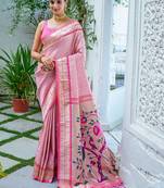 Pink ethnic motifs woven design zari kanjeevaram saree