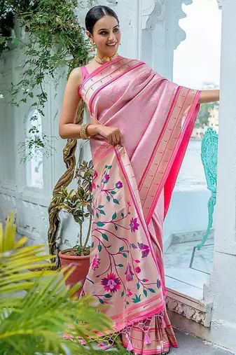 Pink ethnic motifs woven design zari kanjeevaram saree
